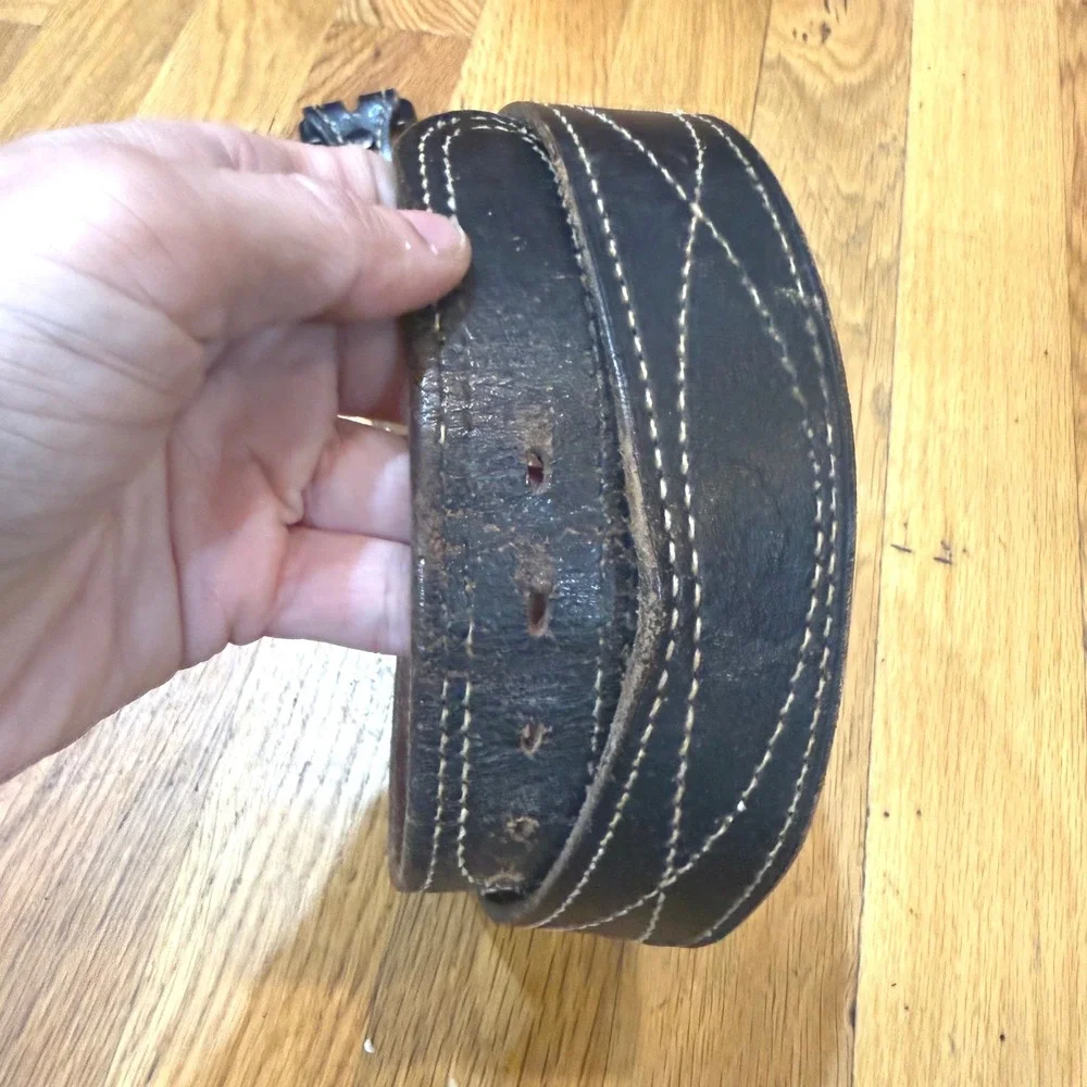Vintage Distressed Black Leather Belt Diamond Contrast Stitch‎ No Buckle 32